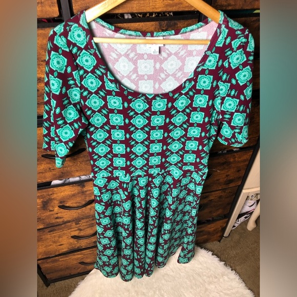 LuLaRoe Teal and Burgundy Geometric Midi Dress - Picture 7 of 14